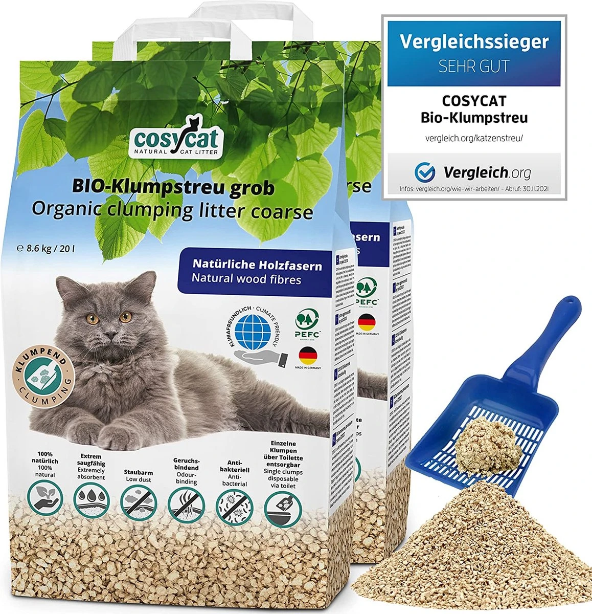 CosyCat BIO Kattenbakvulling Klontvormend - GROVE Korrel 2x 20L - Speciaal Voor Langharige Katten 3 CosyCat BIO Kattenbakvulling Klontvormend - GROVE Korrel 2x 20L - Speciaal Voor Langharige Katten