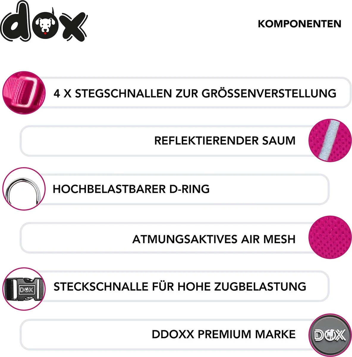 DDOXX Hondenharnas, Reflecterend, Verstelbaar, Breakaway | Borstharnas Voor Klein, Middelgroot | Hondenharnas Hond Kat Puppy Auto | Kattenharnas Puppy Harnas | Roze Roze, S 5 DDOXX Hondenharnas, Reflecterend, Verstelbaar, Breakaway | Borstharnas Voor Klein, Middelgroot | Hondenharnas Hond Kat Puppy Auto | Kattenharnas Puppy Harnas | Roze Roze, S - Afbeelding 3