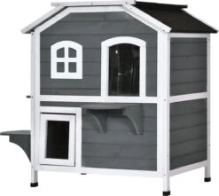 PawHut Kattenhuis Voor Buiten Kattenhut Met 2 Verdiepingen Kattenvilla, Asfaltdak, Massief Hout Grijs D30-236 18 PawHut Kattenhuis Voor Buiten Kattenhut Met 2 Verdiepingen Kattenvilla, Asfaltdak, Massief Hout Grijs D30-236 -Dierenwinkel 1200x1074 2