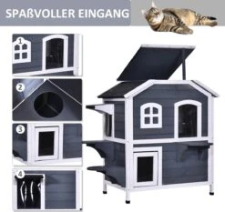 PawHut Kattenhuis Voor Buiten Kattenhut Met 2 Verdiepingen Kattenvilla, Asfaltdak, Massief Hout Grijs D30-236 19 PawHut Kattenhuis Voor Buiten Kattenhut Met 2 Verdiepingen Kattenvilla, Asfaltdak, Massief Hout Grijs D30-236 -Dierenwinkel 1200x1130 1