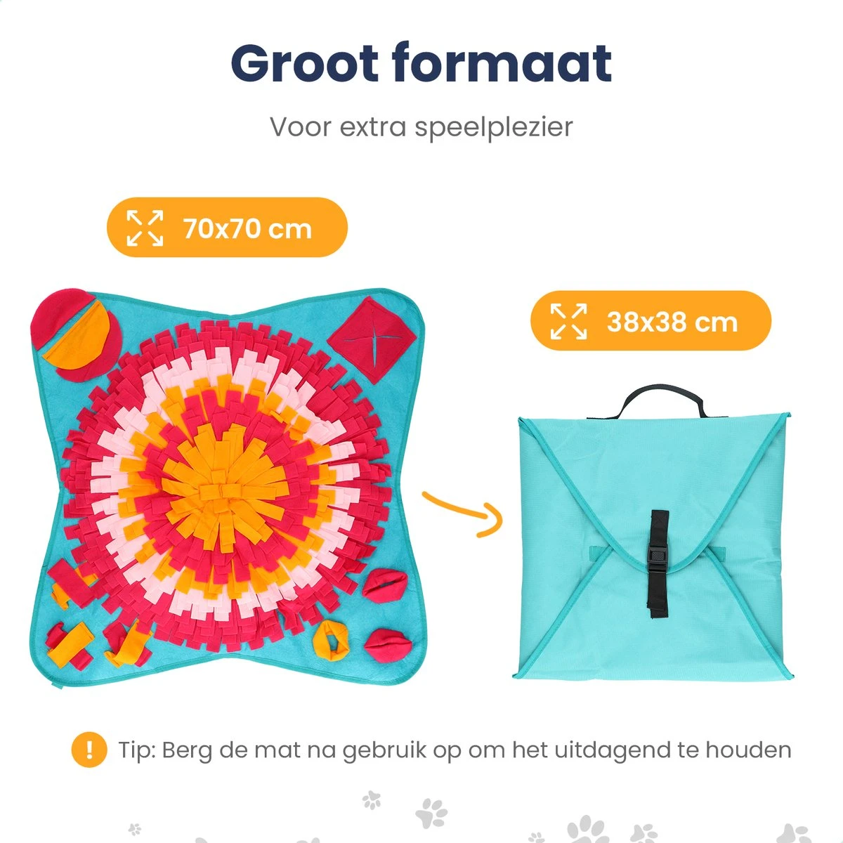 Snuffelmat 70x70cm Inclusief Rubberen Massage Bal & E-book - Speelmat Hond - Denkspel Hond - Puppy Speelgoed - Anti Schrok Mat - Honden Snoepjes - Cadeau Tip 8 Snuffelmat 70x70cm Inclusief Rubberen Massage Bal & E-book - Speelmat Hond - Denkspel Hond - Puppy Speelgoed - Anti Schrok Mat - Honden Snoepjes - Cadeau Tip - Afbeelding 6