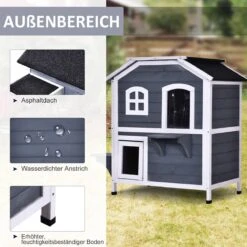 PawHut Kattenhuis Voor Buiten Kattenhut Met 2 Verdiepingen Kattenvilla, Asfaltdak, Massief Hout Grijs D30-236 21 PawHut Kattenhuis Voor Buiten Kattenhut Met 2 Verdiepingen Kattenvilla, Asfaltdak, Massief Hout Grijs D30-236 -Dierenwinkel 1200x1200 432