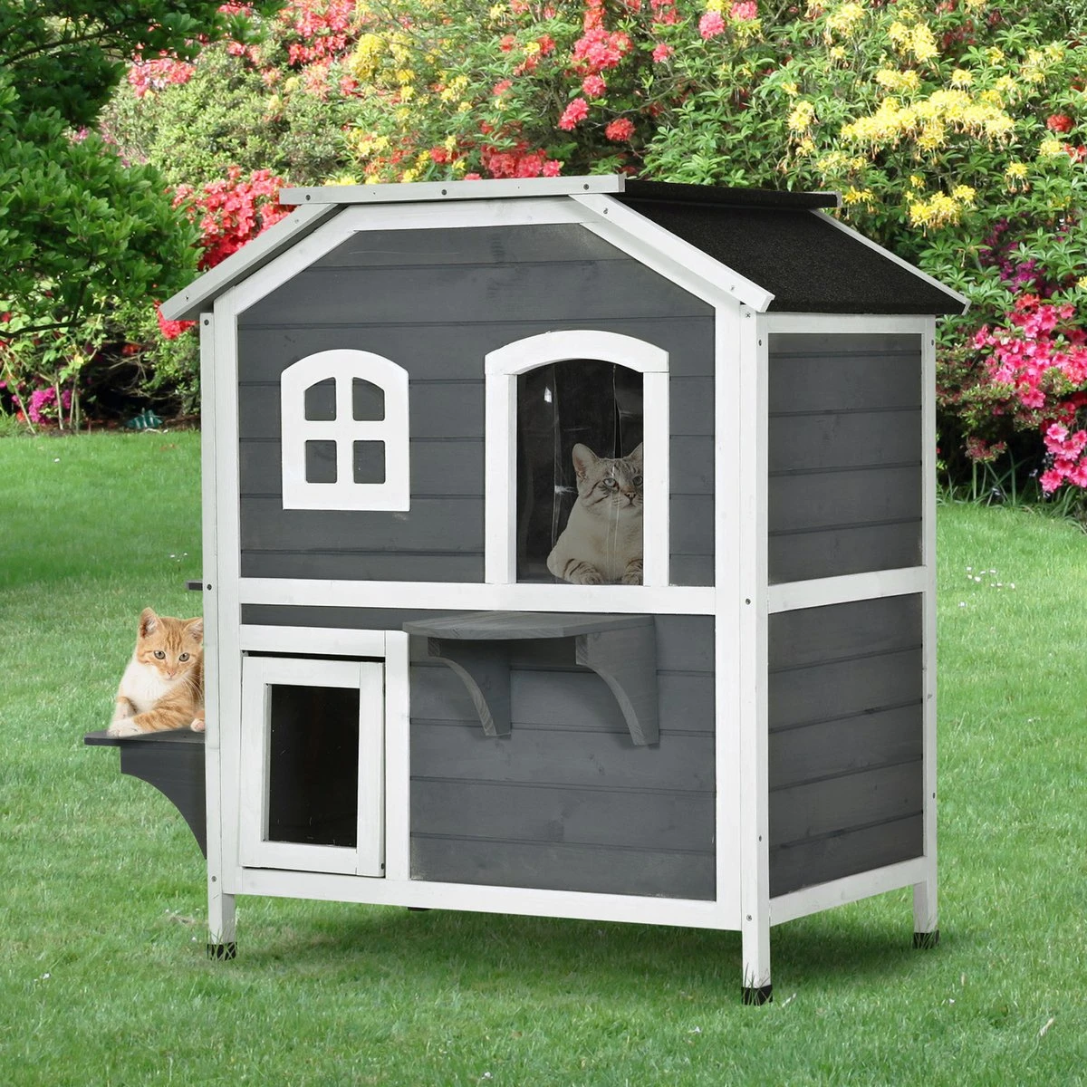 PawHut Kattenhuis Voor Buiten Kattenhut Met 2 Verdiepingen Kattenvilla, Asfaltdak, Massief Hout Grijs D30-236 13 PawHut Kattenhuis Voor Buiten Kattenhut Met 2 Verdiepingen Kattenvilla, Asfaltdak, Massief Hout Grijs D30-236 - Afbeelding 11
