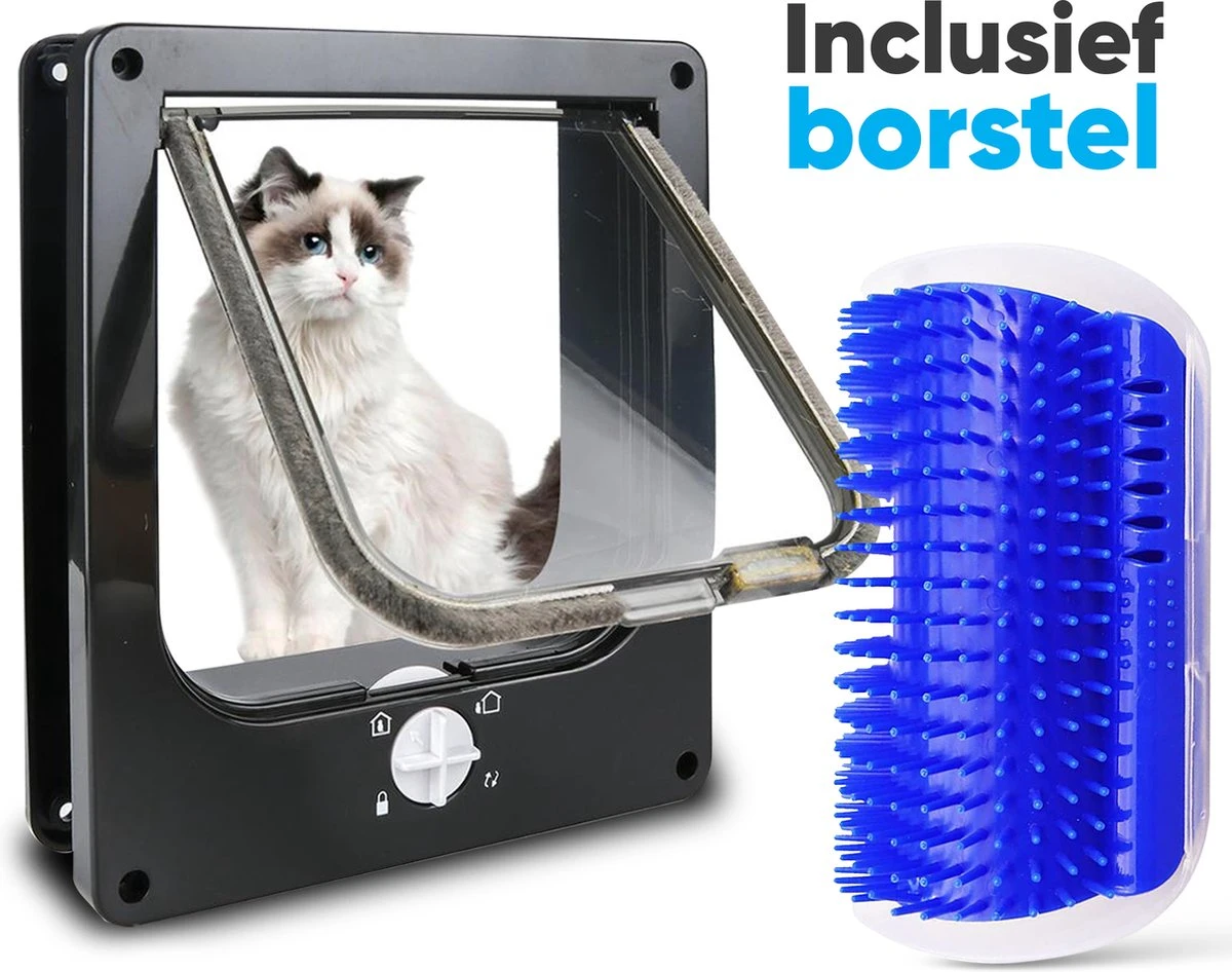 BFreshPets Kattenluik + Massageborstel - Met Tunnel - 4 Vergrendelingsstanden - Weersbestendig - Maat L - Zwart - 27 X 24 Cm 3 BFreshPets Kattenluik + Massageborstel - Met Tunnel - 4 Vergrendelingsstanden - Weersbestendig - Maat L - Zwart - 27 X 24 Cm