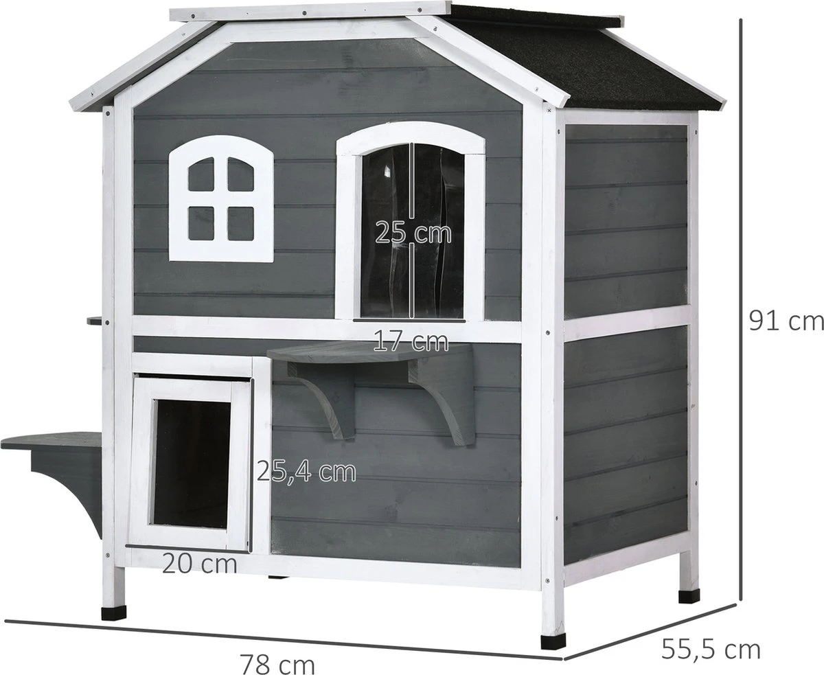 PawHut Kattenhuis Voor Buiten Kattenhut Met 2 Verdiepingen Kattenvilla, Asfaltdak, Massief Hout Grijs D30-236 7 PawHut Kattenhuis Voor Buiten Kattenhut Met 2 Verdiepingen Kattenvilla, Asfaltdak, Massief Hout Grijs D30-236 - Afbeelding 5